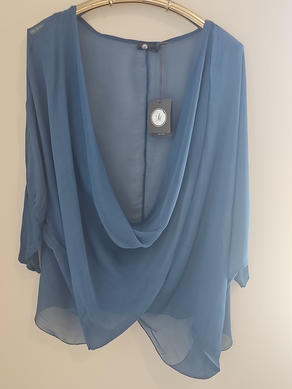 M Blue Draped Silk Flowy Women's Blouse. Made In ITALY. Size Small